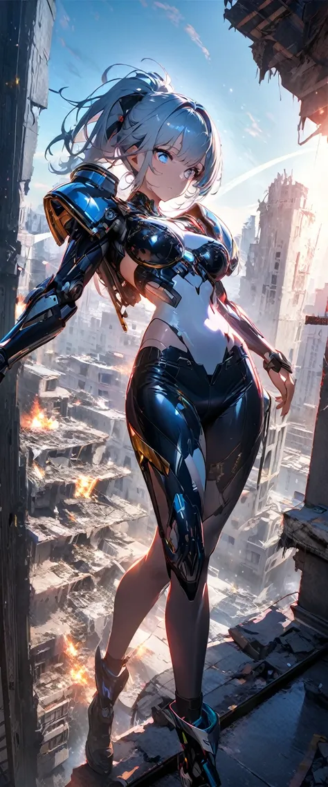 glossy chrome-plated parts cool beauty mecha cyborg, laser beams shoot from your fingertips to destroy the city, elegance, dignity, amorous and lewd expression, light blue glossy silky half updo, captivating eyes, wearing cropped half-shirt and shorts-styl...