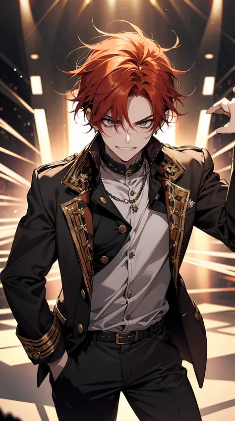 A charismatic young man with messy red hair and sharp amber eyes, exuding a playful yet confident aura. His attire reflects a laid-back style with a rock-star edge, often seen in a casual jacket, loose-fitting shirt, and accessories like rings or chains. H...