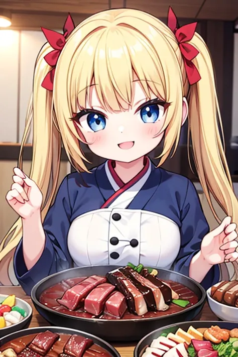 a happy smile,eat a korean barbecue,a yakiniku like a chunk of meat,tail,highest quality,blonde with blue eyes、ta、small breasts、...