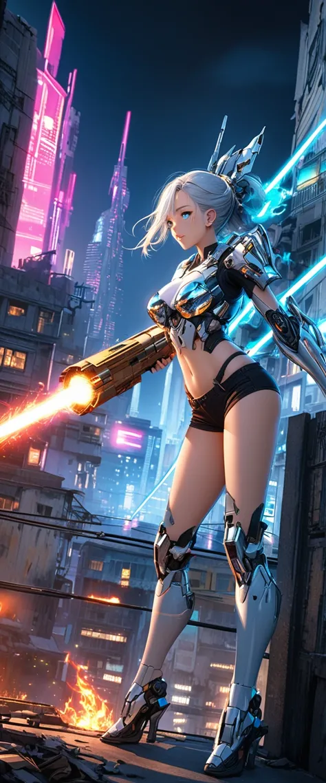 glossy chrome-plated parts cool beauty mecha cyborg, laser beams shoot from your fingertips to destroy the city, elegance, dignity, amorous and lewd expression, light blue glossy silky half updo, captivating eyes, wearing cropped half-shirt and shorts-styl...