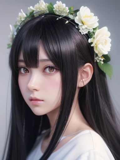 Anime girl with long black hair wearing a white shirt and a flower crown, Beautiful anime portraits, Stunning Anime Face Portraits, Beautiful Anime Girls, Cute realistic portrait, Detailed portrait of an anime girl, Anime Girl Portrait, Realistic anime 3D ...