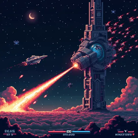 (Retro game, Pixel art), gradius-like, shmup, Moment of Final Battle, a small spacefighter jet facing right on the left, a laser is being fired rightward from the small fighter jet. a huge space fortress made of machines appears on the right, there is a bl...