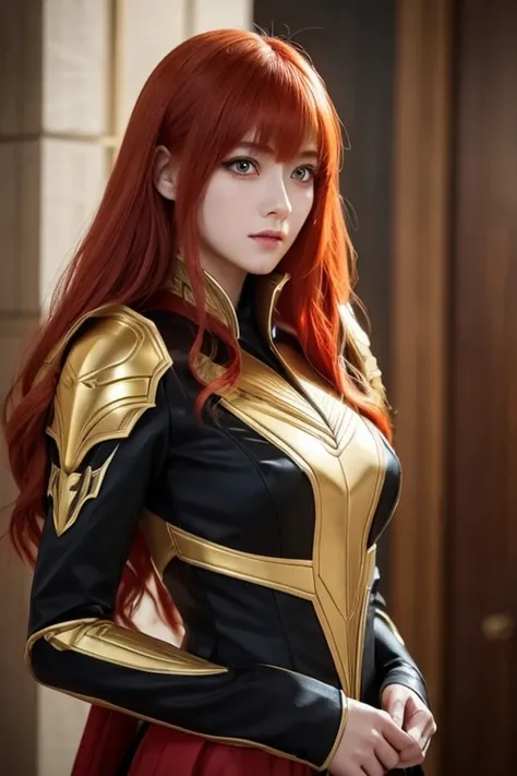 Tall beautiful woman with red hair and yellow eyes、Extremely realistic and detailed suit costume