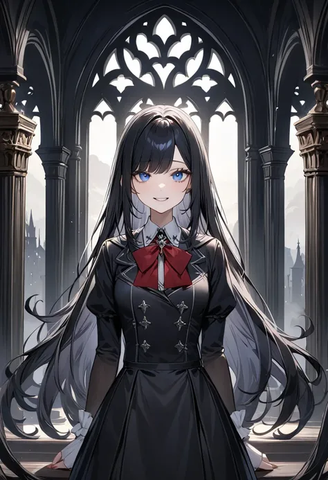 (masterpiece, top quality, very aesthetic, 4k、illustration), (beautiful woman)、,(gothic dark fantasy atmosphere),intricate detail, 1woman,solo,(dramatic)、 (stand ),(swept bangs)、(long hair)、,(upper body)、cute women、droopy eyes、(clear smile), 、(gothic fanta...