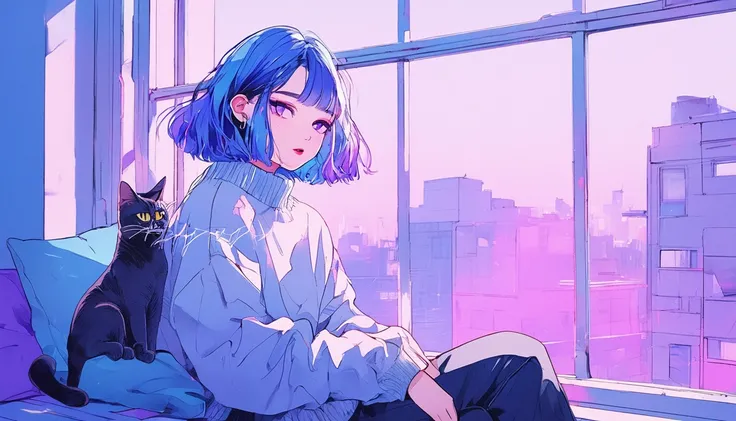 "Illustrator, anime-style, realistic sketch, 1 girl, blue hair, shiny pink lips, wearing a sweater, sitting by the window, looking outside. A cat is lounging on the windowsill. Blue gradient background, neon-colored hair, textured short hair, Canadian. (ma...