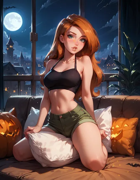 score_9,score_8_up,score_7_up, rating_safe, 1girl, solo, very sexy (kim possible:1.2), cute booty shorts, halter top, bare arms,...