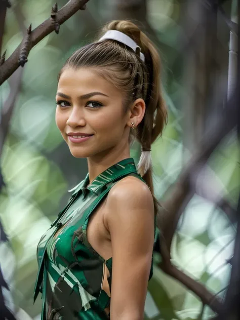 (zendaya:.4), (32k:1.5, Highest quality, masterpiece, Ultra-high resolution), Professional camera work:1.6, Highly detailed skin and face textures:1.3, Captivating portrait:1.2, Very accurate, Very detailed, 1 adult female, ((in the dark forest:1.4)), Incr...