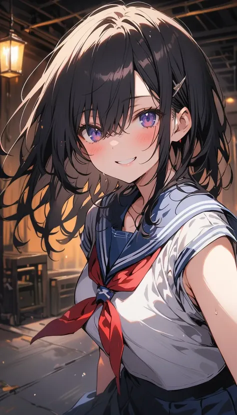 Beauty　smile　Long Bangs　Eyes are covered　Hair covering the face　Embarrassing　blush　Sailor suit　Pure white underwear　pubic hair　Dark blue buruma　night　Dark Warehouse　Photograph the whole body