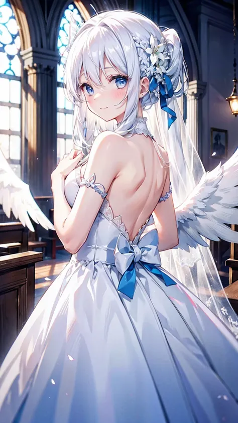 A pretty and cute girl with long white hair and blue eyes、、Angel wings on the back、Wedding Dress、church、Embarrassed smile、Short、happiness