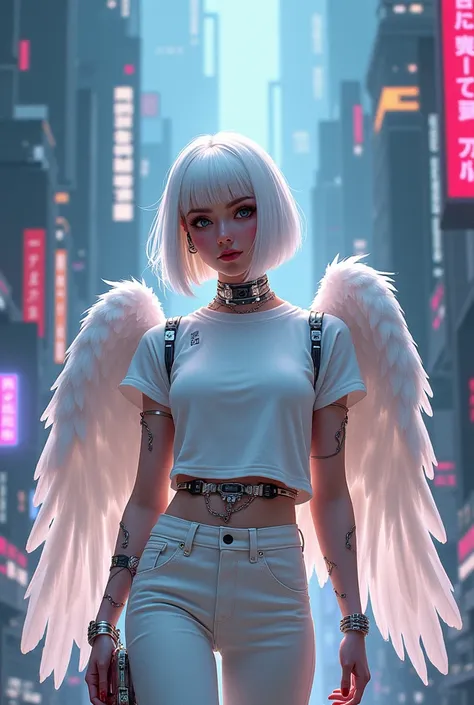 bird woman, milk-white bird woman (Im referring to WHITE COLOR and not white skin color), with feathers, with white bird wings, with implants, futuristic cyberpunk style, wearing pants and t-shirt, futuristic city cyberpunk style ( with neon and light vari...