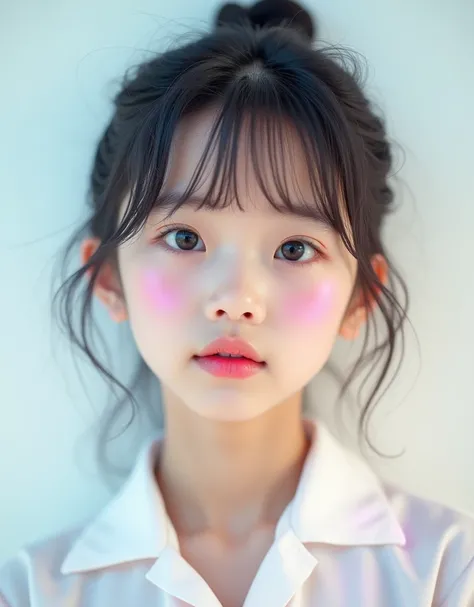 cute小さな女の子, Pink Lips, Wearing a bright white shirt, In the style of a soft aurora punk color palette, Her face is too cute, cute日本人の女の子, Girl images, Petite and curvaceous, Realなの女の子, No makeup、Baby Face, Japanese beautiful girl, (Photorealistic photograp...