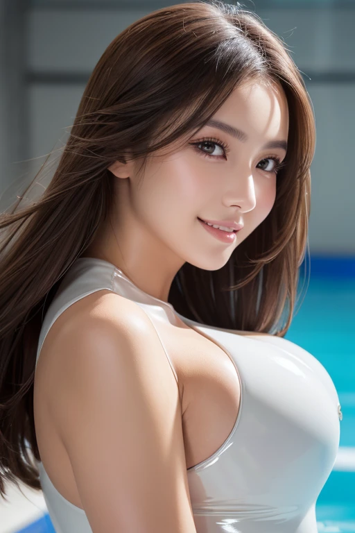 Latex bodysuit、Knee-high boots、Face close-up、
Huge 、Long brown hair、Shiny, Oily skin、Glowing Skin、Indoor competition pool、White skin、Flying debris, Best Quality, Realistic, Very detailed, finely, High resolution, 8k デンデ wallpaper, Beautiful woman,, Light b...