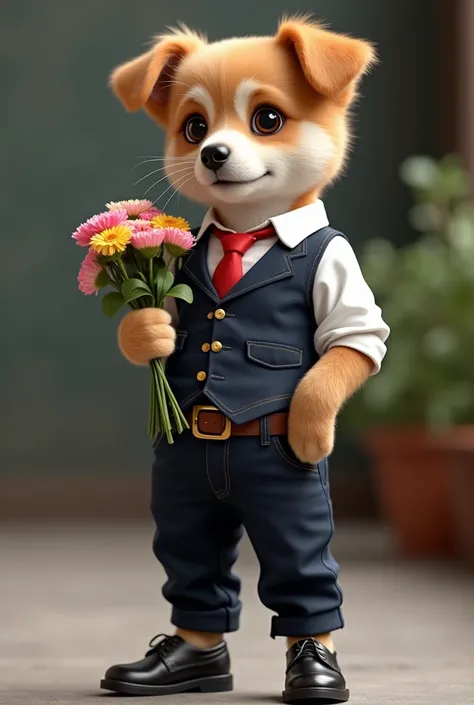 A super cute puppy stands like a human、Casual white shirt、Red tie、Navy blue vest、He is wearing black slacks and a stylish belt.、Black leather shoes、Realistic、Stylishly dressed in ultra-high quality、Real、photograph画質、Holding a bouquet in her hands、超Real画像、p...