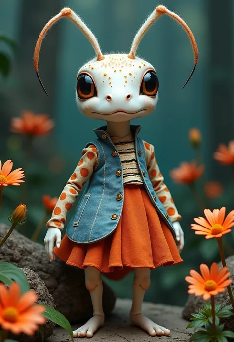 A white ant with its artificial dress , There are exquisite spots and stripe patterns on top, standing in the forest with flowers, leaves, and natural elements, which help create a dreamy effect. The blue and orange color,Fusion of earthy tones and deep re...