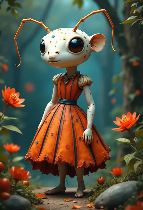 A white ant with its artificial dress , There are exquisite spots and stripe patterns on top, standing in the forest with flowers, leaves, and natural elements, which help create a dreamy effect. The blue and orange color,Fusion of earthy tones and deep re...