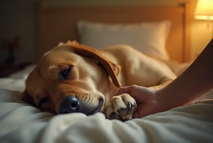 there is a sick dog laying on a bed with a person holding its paw, holding dogs paw softly, soft light, paw on someones hand, dog is so sick, pet animal, dramatic warm morning light, on a cotton bed, morning golden hour, photo realistic style, touching mom...