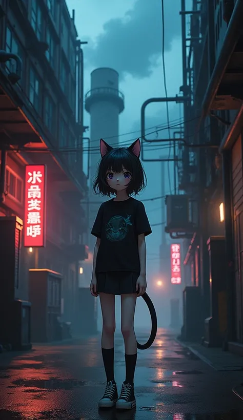 masterpiece, Best Quality, High resolution, Very detailed,(((Cute black haired girl))), (((Japanese Anime))), (((Black T-shirt))), (((mini skirt))), (((Black knee socks))), (((sneakers))), (((Cat ears growing))), (((The cat has a tail))), (((Looking up at ...