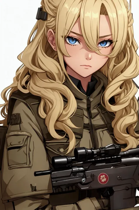 Teenage military sniper with long blonde curly hair and cold eyes