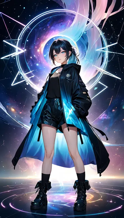 kawaii beauty, amorous and lewd expression, light blue glossy silky messy half-updo ponytail, captivating eyes, wearing loose half-shirt, black hooded parka, black baggy shorts, engineer boots, androgynous slim figure, iridescent aura effects, BREAK backgr...