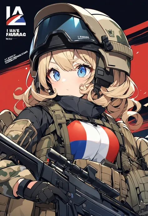 A French woman with short blonde curly hair and bright blue eyes、Wearing heavy French camouflage tactical gear and helmets、With the French flag on his chest、I have a FAMAS G2。