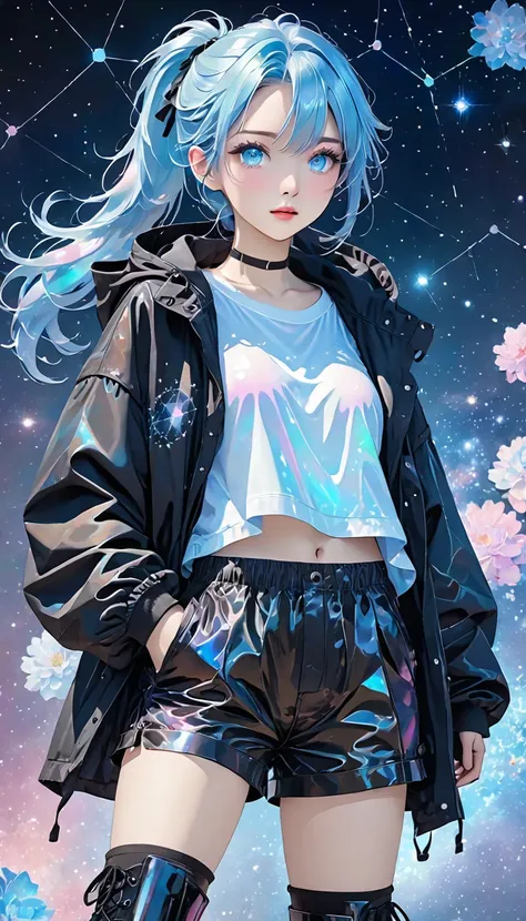 kawaii beauty, amorous and lewd expression, light blue glossy silky messy half-updo ponytail, captivating eyes, wearing loose half-shirt, black hooded parka, black baggy shorts, engineer boots, androgynous slim figure, iridescent aura effects, BREAK backgr...