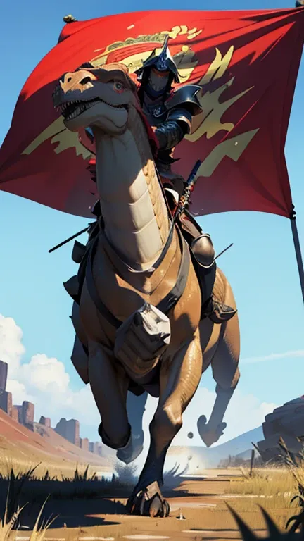 Armor Musha, Riding a dinosaur, Brandishing a weapon, Fly the flag, Running through the grasslands, speed lines, anatomically correct, textured skin, super detail, high details, best quality, UHD