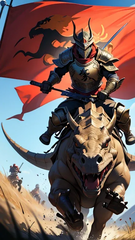 Armor Musha, Riding a dinosaur, Brandishing a weapon, Fly the flag, Running through the grasslands, speed lines, anatomically correct, textured skin, super detail, high details, best quality, UHD