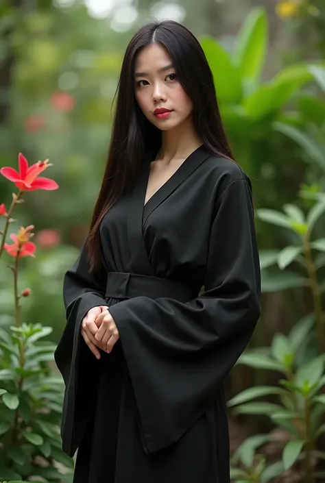 Gorgeous Indonesian young woman, straight short dark hair, slim, fair, busty, wearing black Kamen, stand in her house backyard garden.