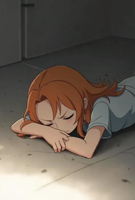 Nami One Piece is lying on her stomach, very tired.