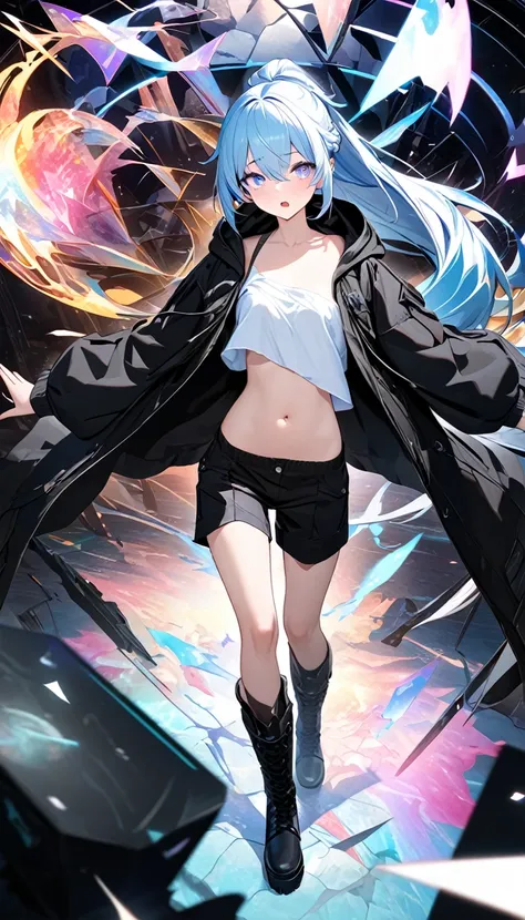 kawaii beauty, amorous and lewd expression, light blue glossy silky messy half-updo ponytail, captivating eyes, wearing loose half-shirt, black hooded parka, black baggy shorts, engineer boots, androgynous slim figure, iridescent aura effects, BREAK backgr...