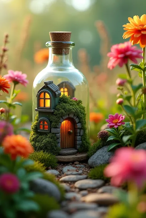 "A tiny house made from a vintage glass bottle, tucked away in the middle of a vibrant, realistic flower garden. The bottle is adorned with small windows and a tiny arched wooden door, with glowing lights emanating from within. The surrounding flowers, tal...