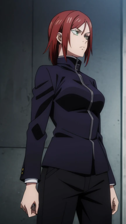 An 18-year-old Jujutsu Kaisen anime girl with medium-length red hair and large, sharp green eyes. She wears a black jacket and black pants.