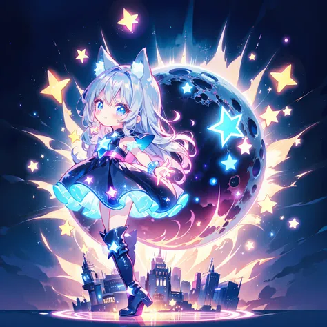 Chibi、かわいいstarの妖精、The best configuration、Perfect Anatomy、Full body front、Front、Facing forward towards the viewer、One Girl,Best Quality、masterpiece、official art、Super detailed、so beautiful、Cute starの妖精、Gray Hair、Straight Long Hair、milky way、Universe、star ch...