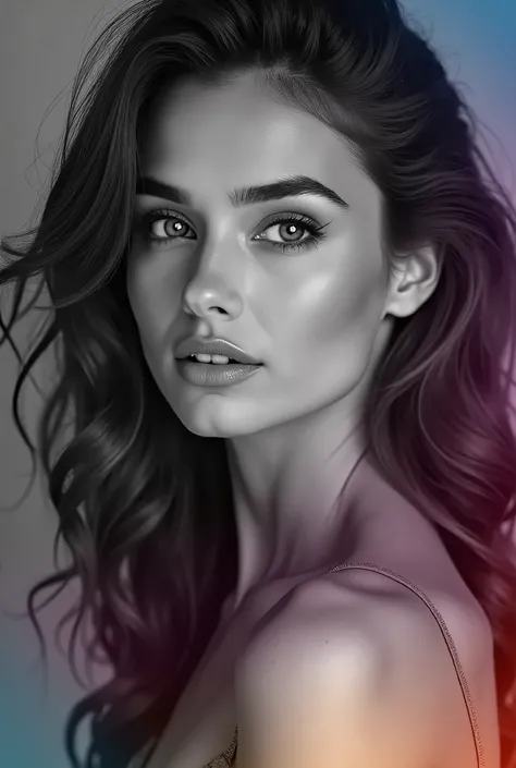 a colorful liner gradients overlay on top of a monochrome photo of beautiful woman, overlay photoshop, well blended , professional photography