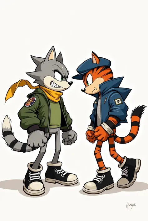 Evil anthropomorphic wolf with a green bomber jacket, yellow scarf, green t-shirt, no pants, black sneakers fighting against an anthropomorphic tiger with a blue hat, blue military jacket, gray t-shirt, brown shorts, black sneakers, Sonic style in sketch 