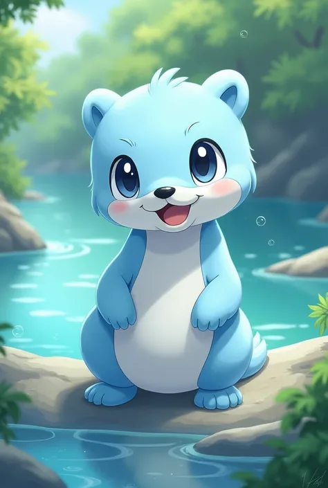 Make a light blue otter in the style of a Pokémon character.。