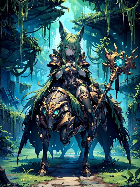 (((masterpiece, best quality, high detailed, 16k))) (1girl) A haunting figure in rusted armor, riding a sickly green horse. Her armor is corroded and her cloak billows with dark mist. In one hand, she holds a staff covered in poisonous vines, and her eyes ...