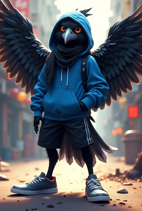 a crows anthropomorphic character with blue hoodie, black scarf, black shorts, grey sneakers, wings outspread, sketchy style, hyper detailed, vibrant colors, dynamic pose, cinematic lighting, intricate feather textures, digital art, highly rendered, master...