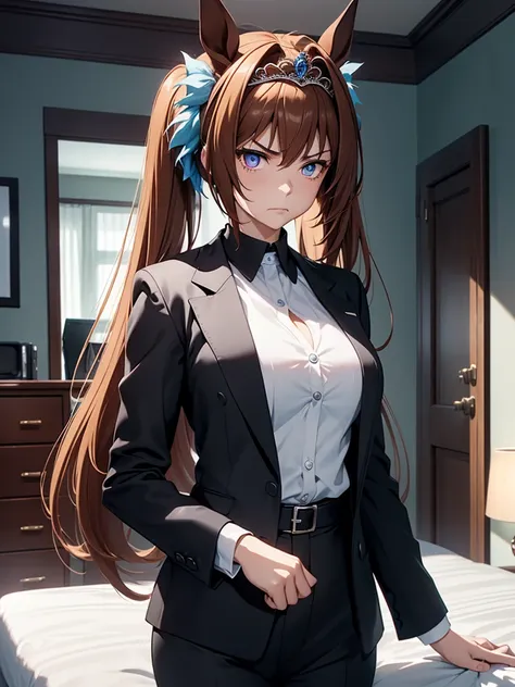 (​masterpiece、top-quality、hight resolution、Unity 8k、extremely details CG:1,Best Picture), ((Black suit, white shirt)), Enhanced cleavage, Daiwa Scarlet (Uma Musume), ((((tiara)))), brown hair, hair intake, red eyes, long hair, twintails, (horse ears, horse...