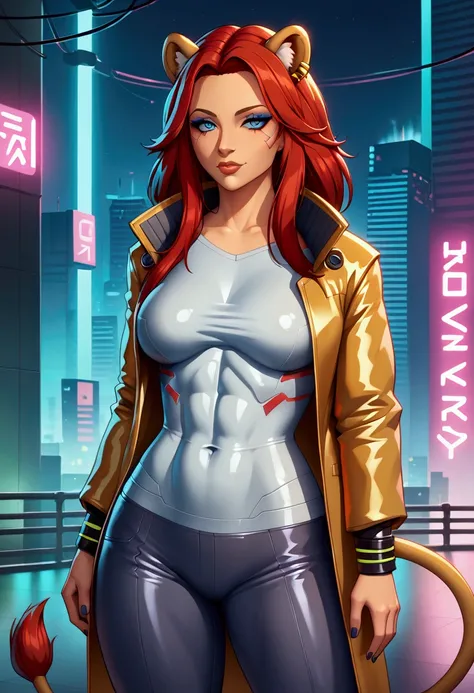 tiger woman, lion woman, skin the color of a lions fur, with a lions tail and ears, with futuristic implants in cyberpunk style, wearing pants and a t-shirt and coat, futuristic city in cyberpunk style (with neon and light variations), 2D STYLE, 2D ART, 2D...