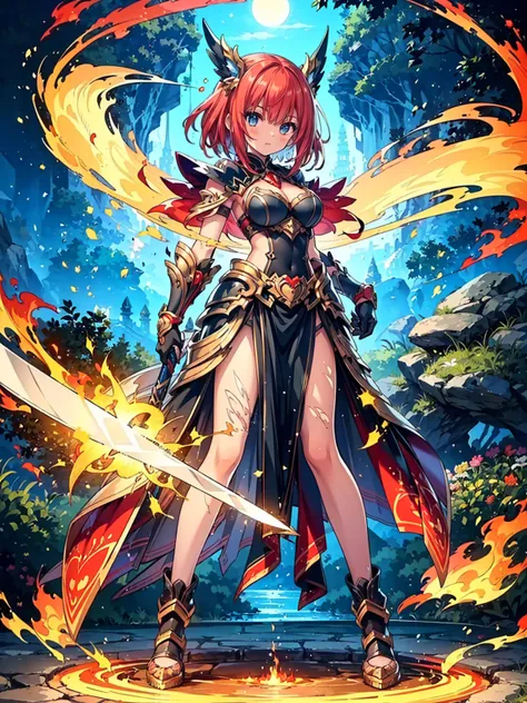 (((masterpiece, best quality, high detailed, 16k))) (1girl) A powerful female warrior with fiery red hair, clad in golden armor that shines like the sun. Flames flicker from her sword, and her expression is one of intense energy and passion. She commands t...