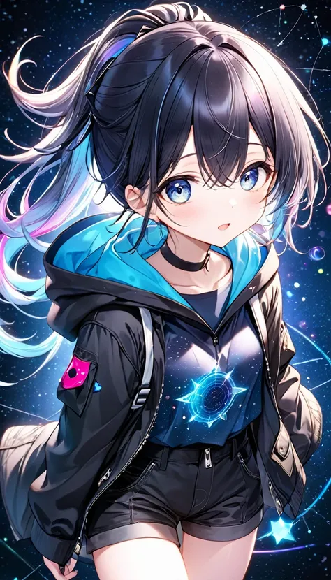 kawaii beauty, amorous and lewd expression, light blue glossy silky messy half-updo ponytail, captivating eyes, wearing loose half-shirt, black hooded parka, black baggy shorts, engineer boots, androgynous slim figure, iridescent aura effects, BREAK backgr...