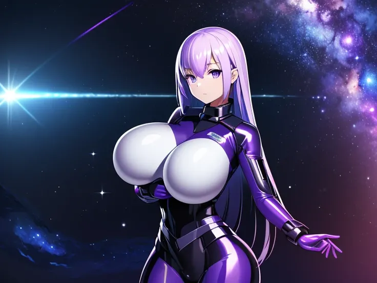 ((1girl),(petite), ( masterpiece,best quality,high-resolution), ((Anatomically correct number of limbs),(Anatomically correct number of fingers),(Beautiful five fingers)),  (shiny skin:1.5), (gaming color hair, very long hair), ((Purple latex rubber suit),...