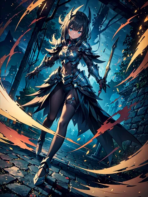 (((masterpiece, best quality, high detailed, 16k))) (1girl) A shadowy figure cloaked in darkness, her armor blending into the night. Her eyes glow faintly, and her movements are silent and swift. She wields two shadowy daggers, and the air around her seems...