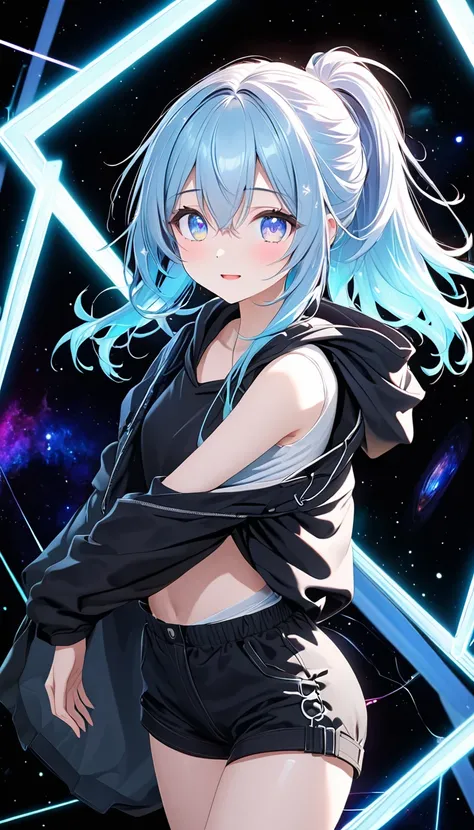 kawaii beauty, amorous and lewd expression, light blue glossy silky messy half-updo ponytail, captivating eyes, wearing loose half-shirt, black hooded parka, black baggy shorts, engineer boots, androgynous slim figure, iridescent aura effects, BREAK backgr...