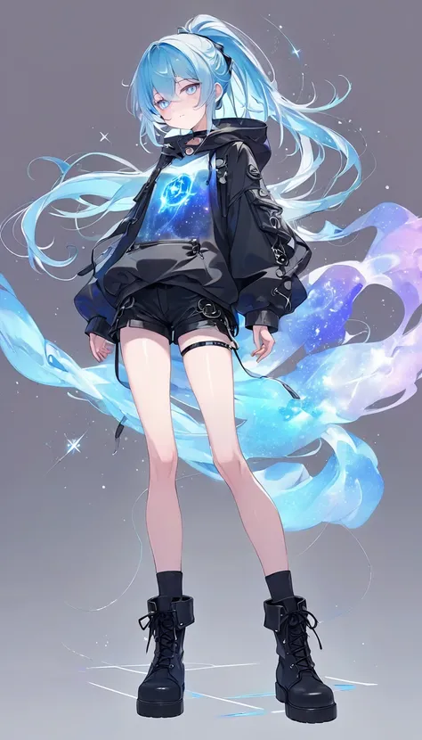 kawaii beauty, amorous and lewd expression, light blue glossy silky messy half-updo ponytail, captivating eyes, wearing loose half-shirt, black hooded parka, black baggy shorts, engineer boots, androgynous slim figure, iridescent aura effects, BREAK backgr...