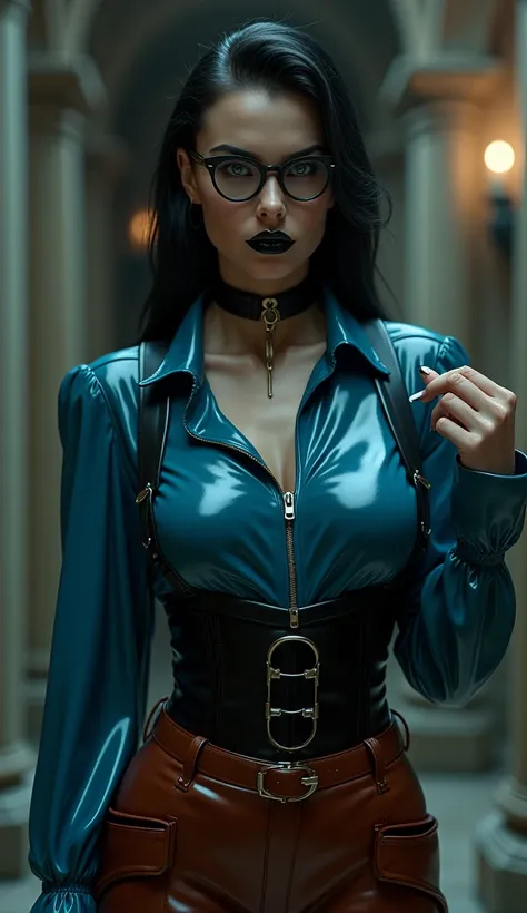 femme, vue de deux, latex, brillant, Les vampires, stricte, latex, brillant, collier bande latex avec large anneau métallique, chemisier latex bleu marine, zip dans le dos, longue jupe marron rouge latex, poches sur les fesses, serre taille latex noir, bre...