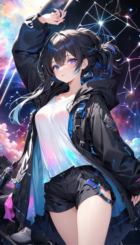 kawaii beauty, amorous and lewd expression, light blue glossy silky messy half-updo ponytail, captivating eyes, wearing loose half-shirt, black hooded parka, black baggy shorts, engineer boots, androgynous slim figure, iridescent aura effects, BREAK backgr...