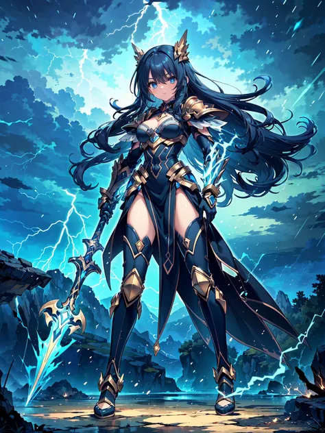 (((masterpiece, best quality, high detailed, 16k))) (1girl) A stormy figure with wild, flowing hair that crackles with electricity. She wears armor with cloud-like patterns and wields a spear that shoots lightning. Thunder rumbles in the background as she ...