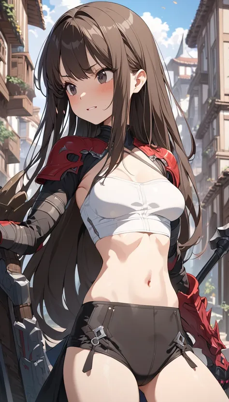 masterpiece, Best Quality, High resolution, Super detailed, Anime Style,  Fantasy, Lady Berserker, One Girl, solo, Cowboy Shot,  Cute face, Medium Breast, Petite, Dark brown medium straight hair, break, Dark Eyes, break, Outdoor, 